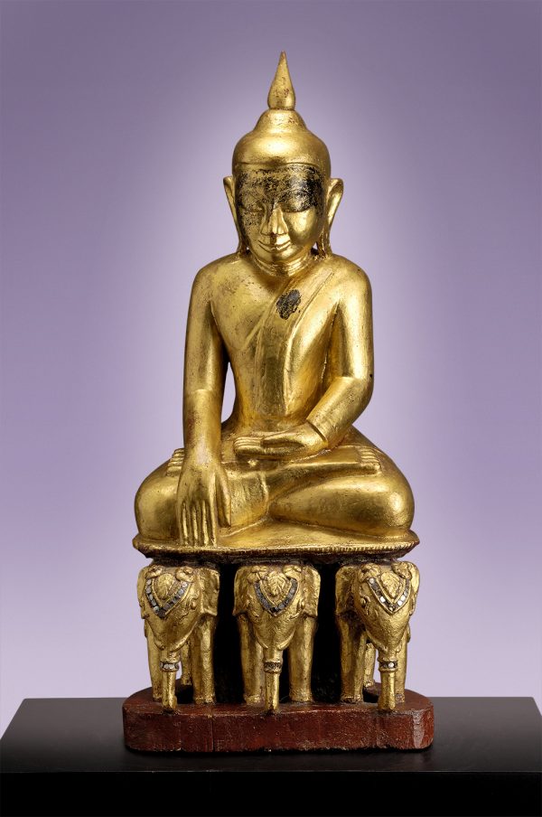 Gold Image of the Buddha Seated on Three Elephants Antique - Shan, 17th Century